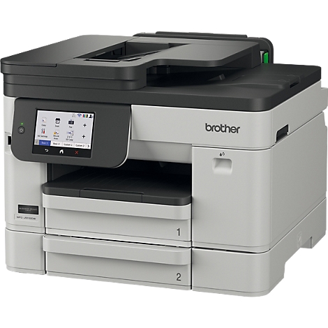Grauer Brother Multifunktionsdrucker mit zwei Papierfächern und Touchscreen-Display.