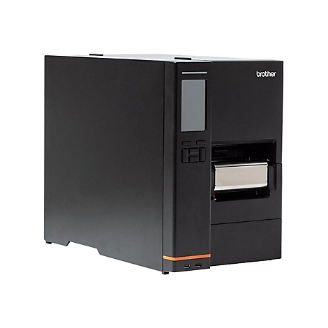 Imprimante d'étiquettes Brother noire avec commandes, écran et logo Brother. Deux ports USB sont situés sur des accents orange.