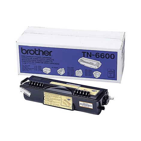 Une cartouche de toner Brother TN-6600 noire se trouve devant sa boîte. Des informations sur le produit sont imprimées sur la boîte.