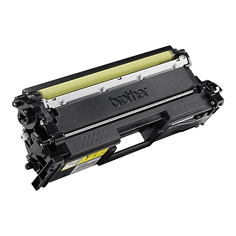 Cartouche de toner Brother noire avec rouleau jaune, sur fond blanc.