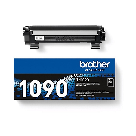 Schwarze Brother TN-1090 Tonerkartusche und zugehörige blaue Produktverpackung vor weißem Hintergrund.
