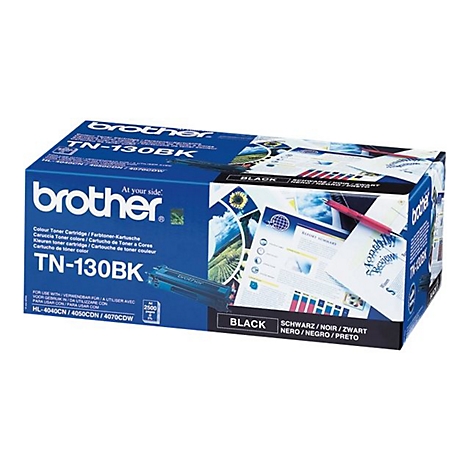 Schwarze Brother Tonerkartusche TN-130BK auf weißem Hintergrund. Aufdruck: "brother", "TN-130BK", "Black".