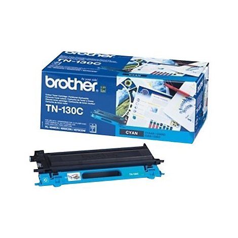 Ein Cyan-Toner-Kartusche neben der Verpackung. Auf der Verpackung steht "Brother TN-130C".