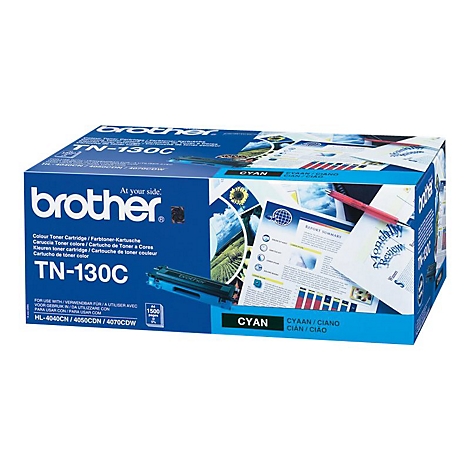 Blauer Brother TN-130C Toner-Kartuschen Karton. Cyanfarben. Text auf dem Karton: 'TN-130C', 'Farbttoner-Kartusche', 'CYAN'.