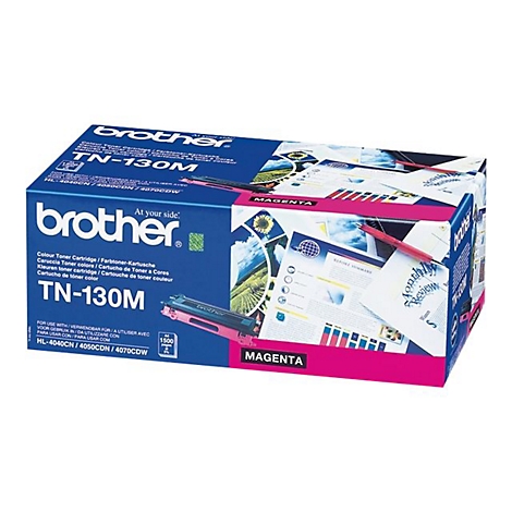 Eine Brother-Tonerkartusche, TN-130M, in einer Verpackung mit magentafarbenen Akzenten. Aufgedruckt sind Produktinformationen und das Brother-Logo.