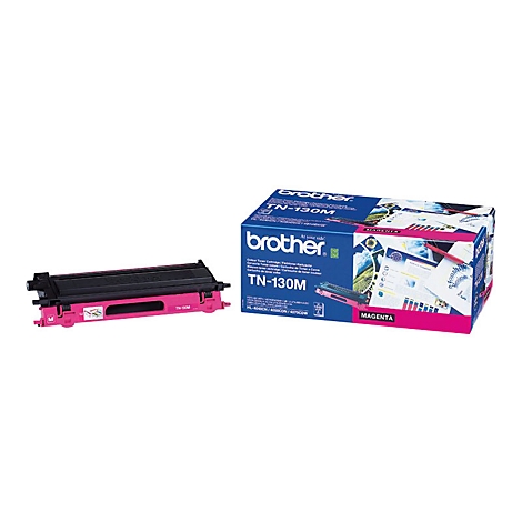 Magentafarbene Brother TN-130M Tonerkartusche und Verpackung.