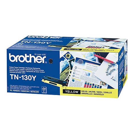 Gelbe Brother TN-130Y Toner-Kartusche in ihrer Verpackung, mit Text wie 'Brother' und technischen Angaben.