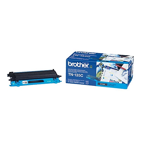 Blauer Drucker-Toner TN-135C neben der Verpackung mit Brother-Logo.