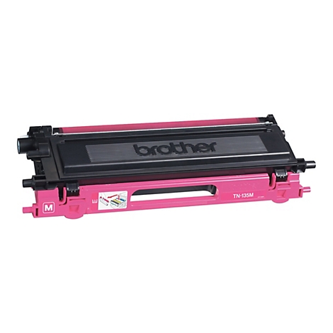 Magenta Brother-Tonerkartusche, Modell TN-135M. Schwarz, rosa, weiß. Aufdruck 'brother'.