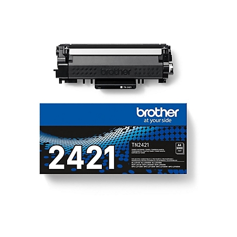 Schwarze Brother TN-2421 Tonerkartusche und die dazugehörige blau-schwarze Produktverpackung vor weißem Hintergrund.