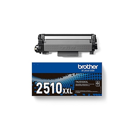 Ein grauer Brother-Toner TN2510XXL, daneben die blaue Verpackung mit Produktinformationen.