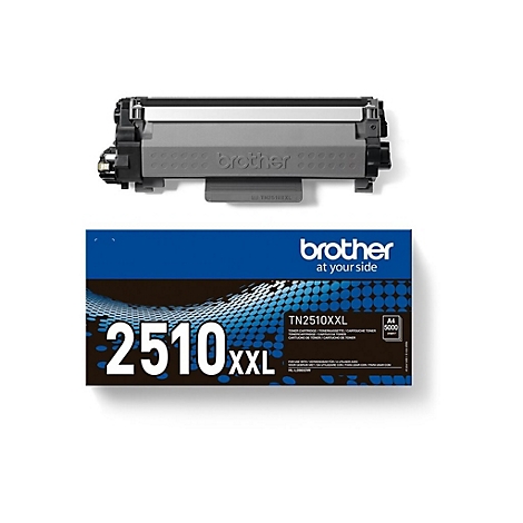 Ein Toner von Brother, TN2510XXL, mit schwarzer Beschriftung. Darunter die blaue Verpackung mit weißer Aufschrift.