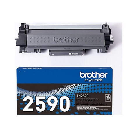 Brother Toner TN2590 in grauer Kunststoffkartusche mit der zugehörigen blauen Verpackung.