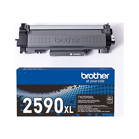 Schwarze Brother TN2590XL Tonerkartusche mit dazugehöriger blauer Verpackung.