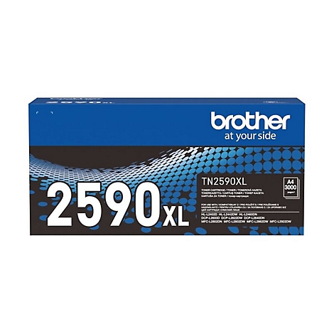 Brother TN2590XL Tonerkartuschen-Verpackung in Blau und Schwarz.