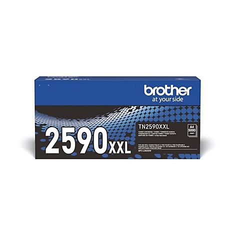 Blaue Brother Tonerkartuschenverpackung TN2590XXL für 5000 Seiten vor weißem Hintergrund.