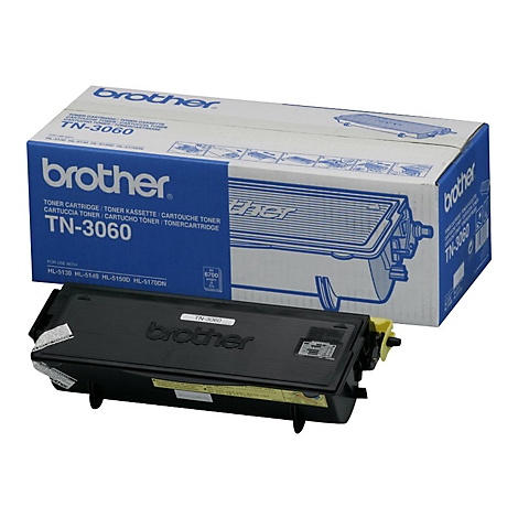Ein schwarzer Brother-Toner TN-3060 und Verpackung. Aufdruck: TN-3060, Brother-Logo und technische Details.