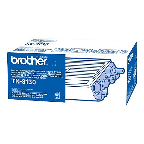 Eine blaue Brother-Toner-Kartusche, Modell TN-3130, mit weißem Hintergrund. Auf der Verpackung steht das Logo von Brother sowie Produktinformationen.