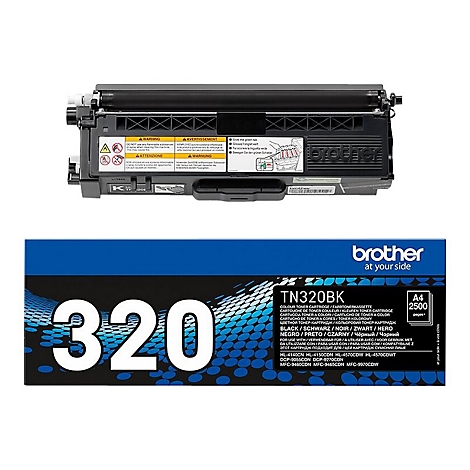 Eine schwarze Brother Toner-Kartusche mit der Aufschrift TN320BK und dem Brother Logo.