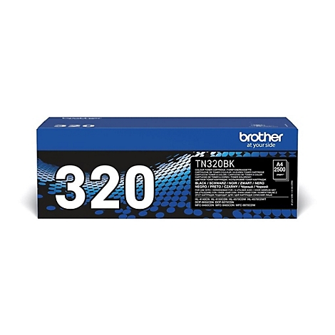 Ein blauer Brother-Toner-Kartusche, auf der groß die Zahl 320 abgebildet ist, sowie Produktinformationen.