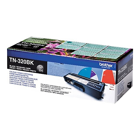 Eine geöffnete Brother-Tonerkartuschen-Verpackung, mit Tonerpatrone. Aufdruck: TN-320BK. Schwarze Schrift auf weißem Grund.