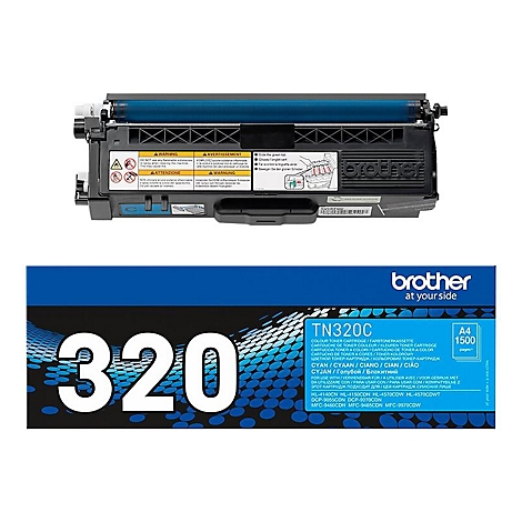 Blau-schwarze Brother-Tonerpatrone, blaues Gehäuse mit Aufschrift, blaue Trommeleinheit und Produktverpackung mit Text.