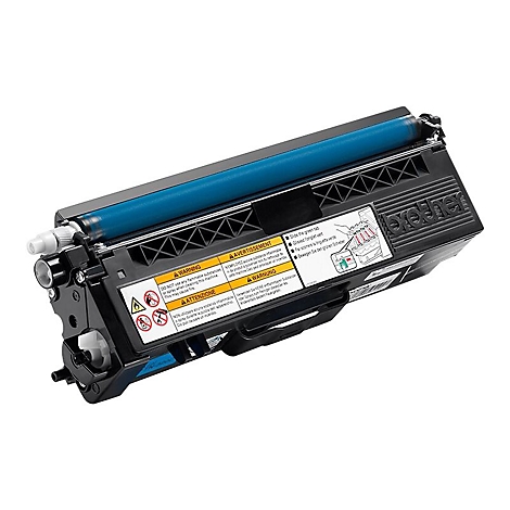 Ein Brother-Toner in schwarz und türkis. Auf dem Toner befinden sich Warnhinweise und eine Anleitung.