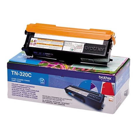 Ein Cyanfarbener Brother Toner TN-320C und dessen Verpackung. Die Verpackung zeigt Diagramme und Text, der auf dem Toner basiert.