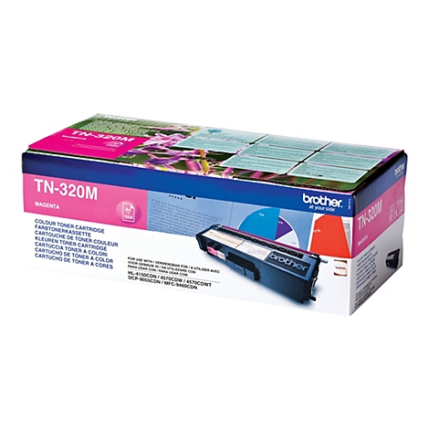 Ein Karton mit einem Magenta-Toner. Auf der Vorderseite steht groß "TN-320M MAGENTA". Darunter stehen verschiedene Sprachübersetzungen für "Farbttonerkassette". Auf der rechten Seite sind Diagramme und das Brother-Logo zu sehen.