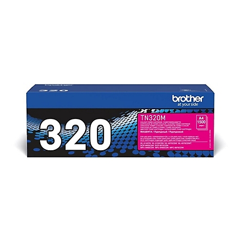 Magentafarbene Brother Tonerkartusche TN320M, Packung mit weißen Ziffern 320, Text und Logo.