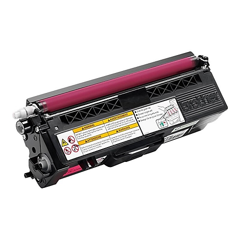 Nahaufnahme einer schwarzen Brother-Toner-Patrone mit rosa Walze und Warnhinweisen.