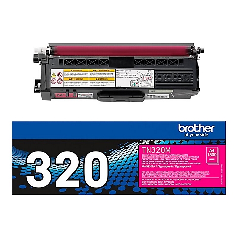Tonerkartusche Brother TN320M in Magenta. Die Kartusche ist zusammen mit der Produktverpackung abgebildet.