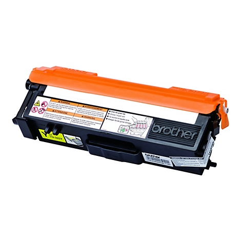 Ein neuer Brother TN-320Y Toner, orangefarbener Deckel, schwarzes Gehäuse, Aufkleber mit Warnhinweisen.