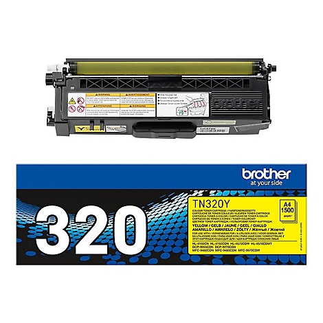 Gelbe Brother Tonerkartusche, daneben die blaue Verpackung mit Produktinformationen.