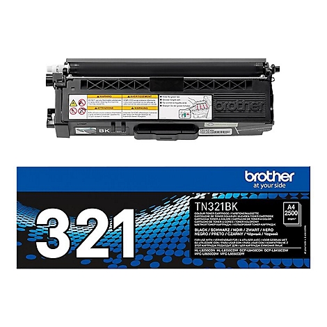 Schwarze Brother Tonerkartusche, Modell TN321BK, mit einem blauen Etikett, auf dem 321 steht.