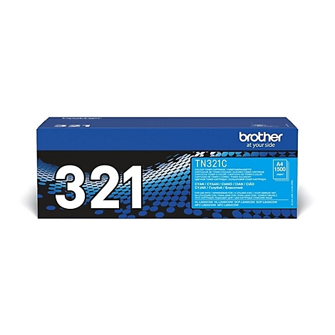 Blauer Brother TN321C Toner, mit weißen 321 und Produktinformationen.