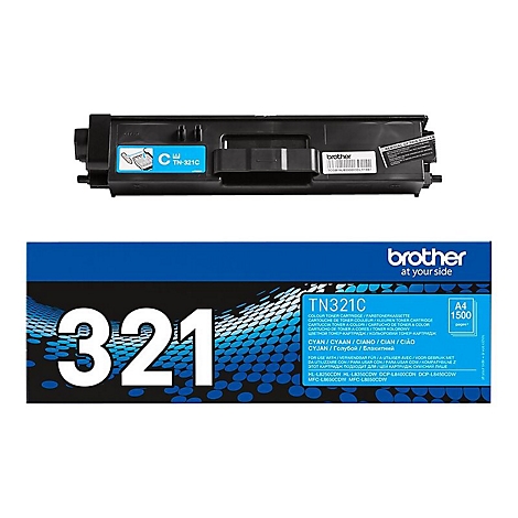Blauer Toner von Brother, mit der Bezeichnung TN-321C und einer Schrift mit der Aufschrift 321.