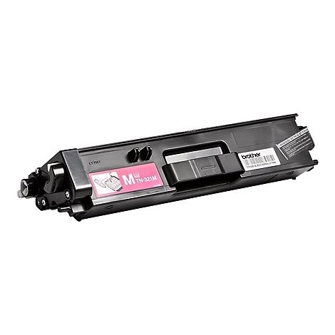 Schwarze Brother-Tonerkartusche mit pinkfarbenem Aufkleber, Text: TN-321M.