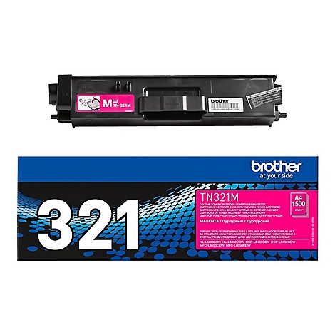 Schwarze Tonerkartusche und blaue Verpackung mit weißer Schrift. Der Text lautet: TN321M, Brother, A4 1500 Seiten.
