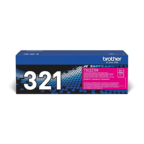 Eine Brother-Tonerkassette TN321M, Magenta-Farbe, auf blauem Grund. Das Produkt ist im Detail und mit Produktbezeichnungen dargestellt.