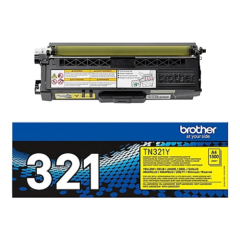 Ein gelber Brother Toner TN321Y, daneben die blaue Verpackung mit Produktinformationen.