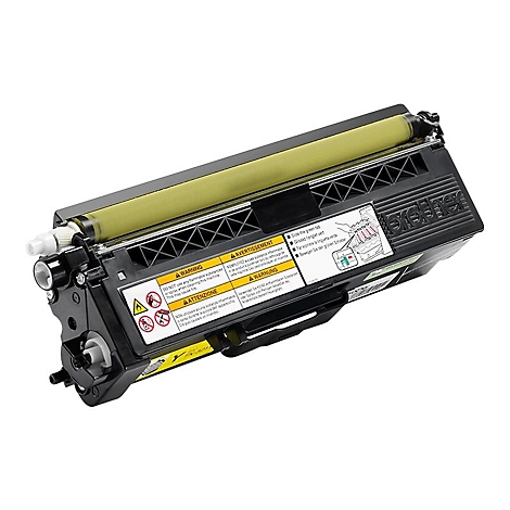 Schwarzer Brother-Drucker-Toner-Kartusche, gelbe Walze, Warnhinweise. Aufdruck: Gießen Sie den grünen Tab.