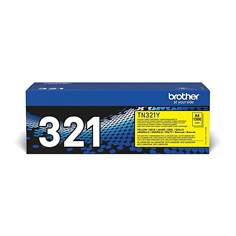 Gelbe Brother TN321Y Tonerkartusche, Text '321' und 'A4 1500 Seiten'.