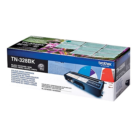 Schwarz/blaue Brother-Tonerkartusche TN-328BK auf weißem Hintergrund. Die Verpackung zeigt Produktinformationen und das Brother-Logo.