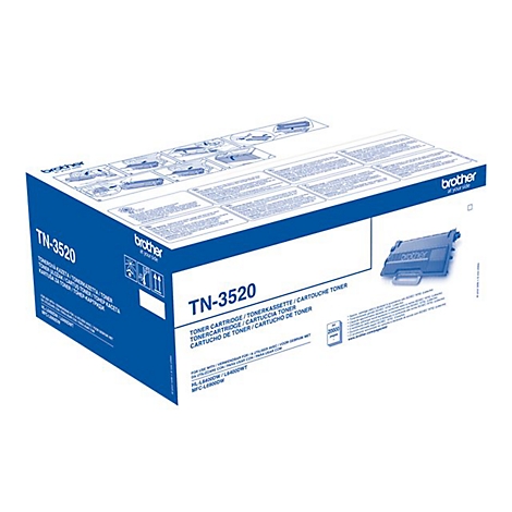 Blaue Brother Toner-Kartuschen-Verpackung. Aufschrift TN-3520, Text in mehreren Sprachen, Abbildung des Toners.
