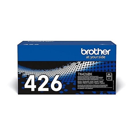 Ein blauer Brother-Toner-Kasten mit der Aufschrift 426 und TN426BK. Der Karton hat die Aufschrift "at your side".
