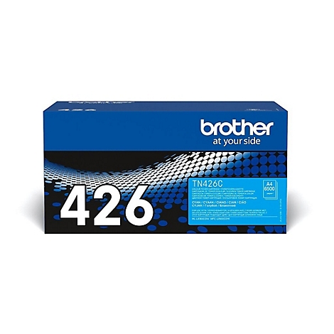 Blau-schwarze Brother-Tonerkartusche. Große weiße '426' Schrift, 'TN426C' und Logo 'brother at your side' zu sehen.