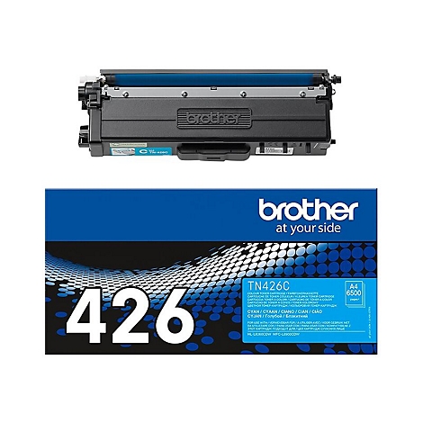 Schwarz-blauer Brother-Toner. Oben der Tonerkörper, unten die blaue Verpackung mit Text und Logo.