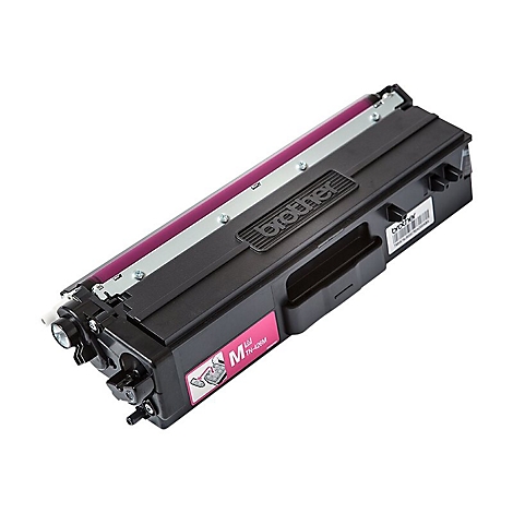 Eine schwarze Brother-Tonerkartusche, auf weißem Hintergrund. Das Produkt enthält einen lila Zylinder und ist mit Brother-Logo und Produktinformationen beschriftet.