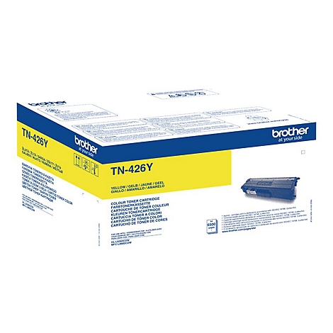 Cartouche de toner jaune Brother TN-426Y avec emballage bleu et blanc. Inscriptions 'TN-426Y' et 'brother at your side'.